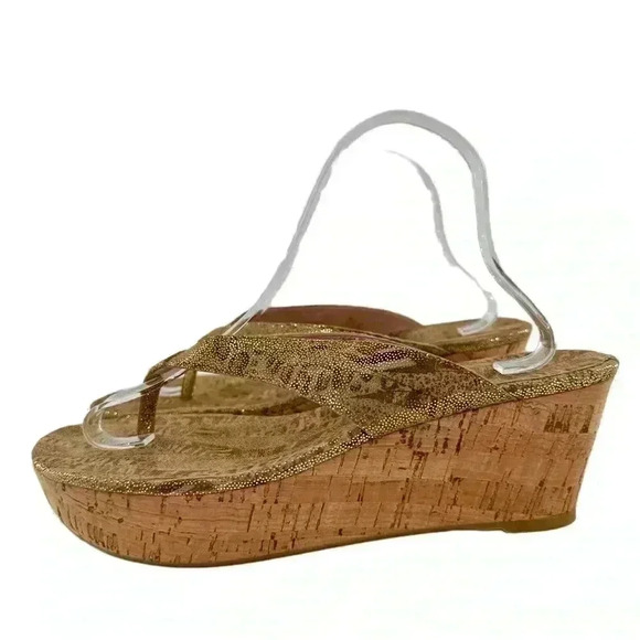 Stuart Weitzman sandals 10.5 gold leather snakeskin print cork platform thong - Picture 5 of 14